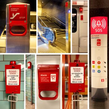 Eine Zusammenstellung einzelner Bilder verschiedener Alarmgriffe im U-Bahnhof, in der U-Bahn und an der Rolltreppe sowie an der Informationssäule.