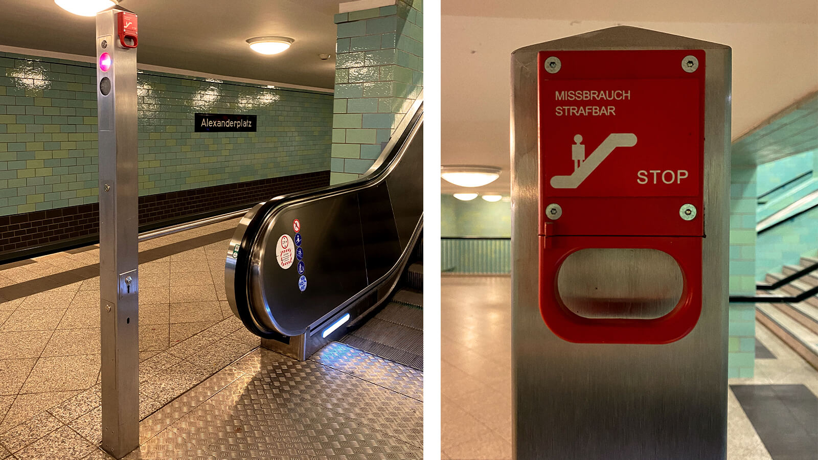 Zwei Bilder in einem, die den Alarmgriff an der Rolltreppe zeigen. Links der Alarmgriff an der Stele neben der Rolltreppe. Rechts eine Nahaufnahme des Griffs.