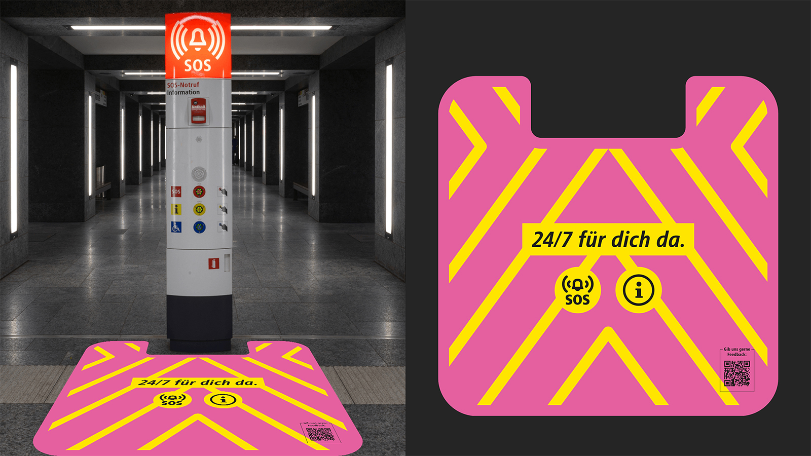 Rechts Fotomontage des Bodenfolien-Designs für den U-Bahnhof Alexanderplatz und links das Design selbst, welches einen pinken Hintergrund hat und gelbe richtungsweisende Streifen. Der Text lautet: "24/7 für dich da". Ein SOS- und Informations-Icon sowie ein QR-Code zur Umfrage sind ebenfalls abgebildet.