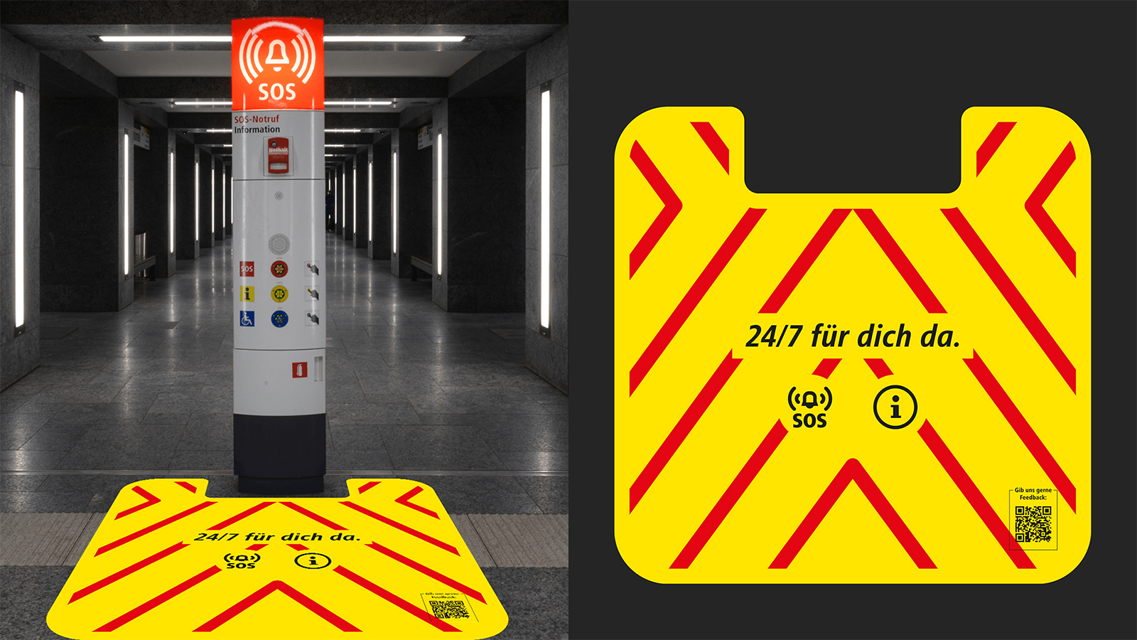 Rechts Fotomontage des Bodenfolien-Designs für den U-Bahnhof Britz Süd und links das Design selbst, welches einen gelben Hintergrund hat und rote richtungsweisende Streifen. Der Text lautet: "24/7 für dich da". Ein SOS- und Informations-Icon sowie ein QR-Code zur Umfrage sind ebenfalls abgebildet.
