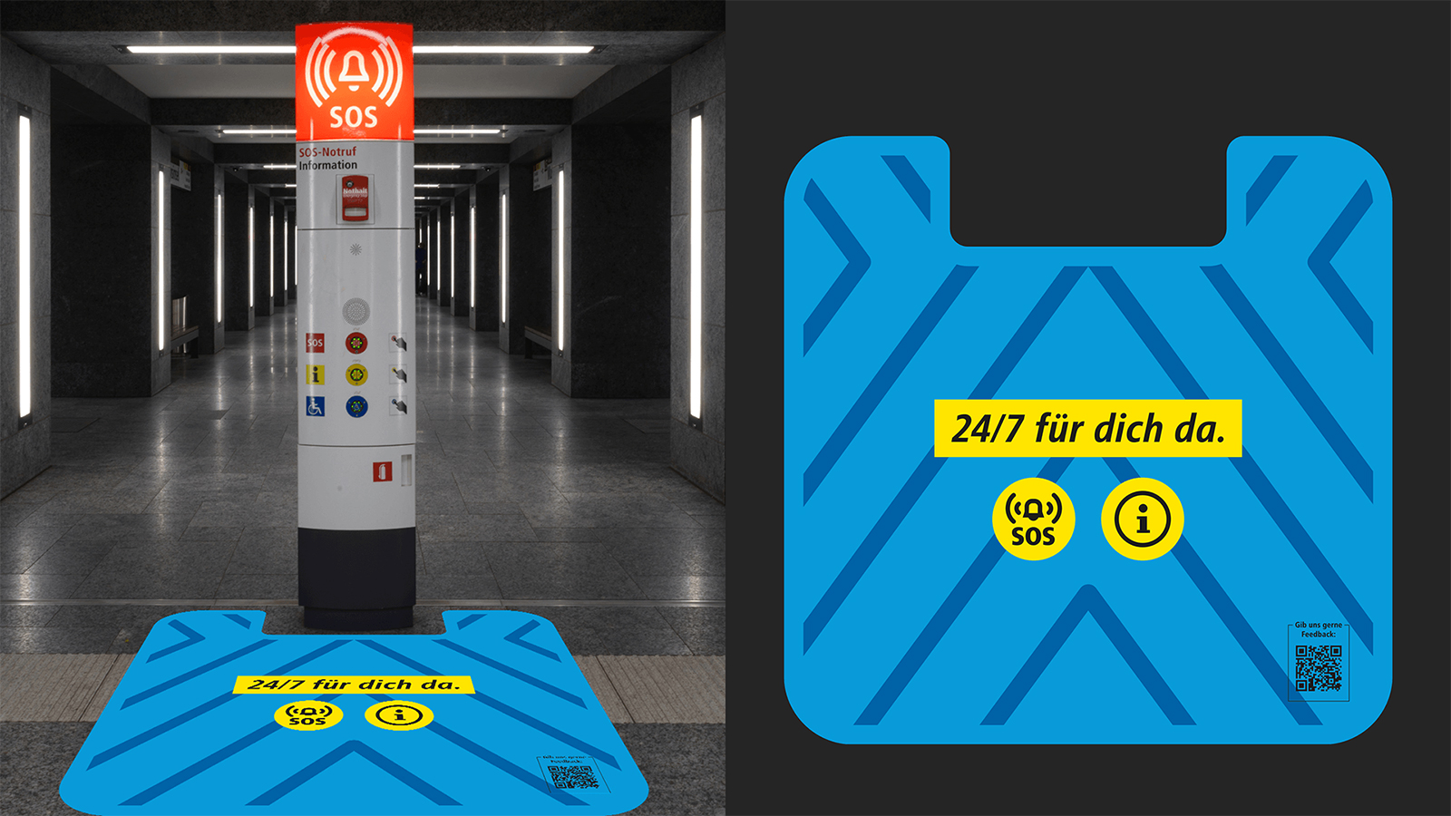 Rechts Fotomontage des Bodenfolien-Designs für den U-Bahnhof Kurfürstenstraße und links das Design selbst, welches einen hellblauen Hintergrund hat und dunkelblaue richtungsweisende Streifen. Der Text lautet: "24/7 für dich da". Ein SOS- und Informations-Icon sowie ein QR-Code zur Umfrage sind ebenfalls abgebildet.