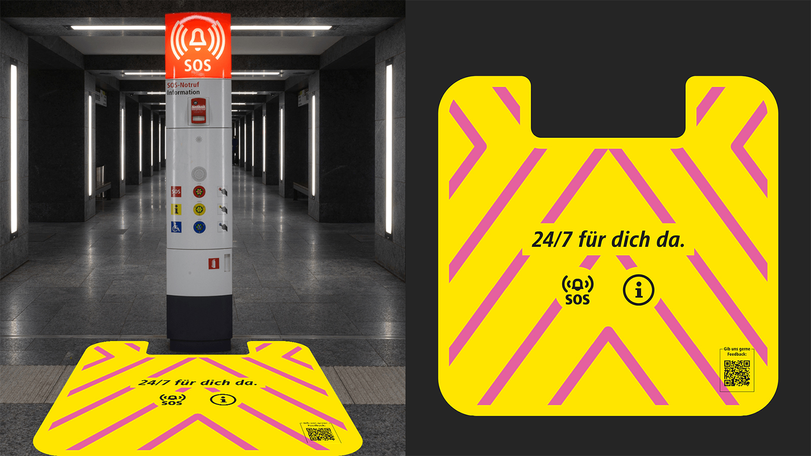Rechts Fotomontage des Bodenfolien-Designs für den U-Bahnhof Osloer Straße und links das Design selbst, welches einen gelben Hintergrund hat und pinke richtungsweisende Streifen. Der Text lautet: "24/7 für dich da". Ein SOS- und Informations-Icon sowie ein QR-Code zur Umfrage sind ebenfalls abgebildet.