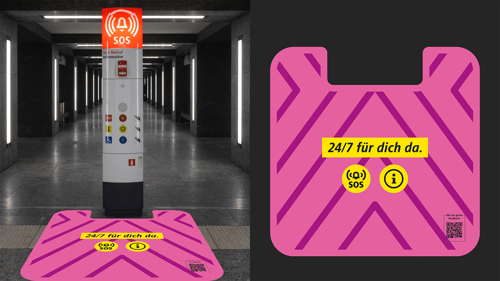 Rechts Fotomontage des Bodenfolien-Designs für den U-Bahnhof Walther-Schreiber-Platz und links das Design selbst, welches einen pinken Hintergrund hat und purpurne richtungsweisende Streifen. Der Text lautet: "24/7 für dich da". Ein SOS- und Informations-Icon sowie ein QR-Code zur Umfrage sind ebenfalls abgebildet.