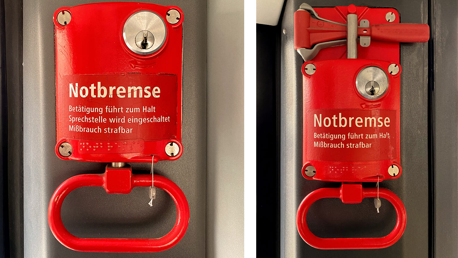 Zwei Bilder in einem, die zwei verschiedene Arten von Notbremsen in einer Tram zeigen. Links eine Notbremse ohne Hammer und rechts eine mit Hammer.