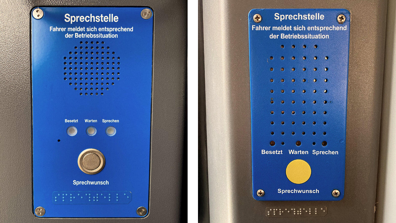 Zwei Bilder in einem, die zwei verschiedene Arten von Sprechstellen in einer Tram zeigen.