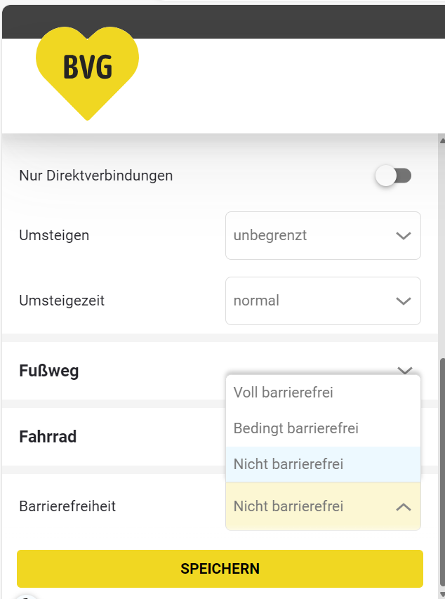 In der App und auf der Website kannst du barrierefreie Routen filtern