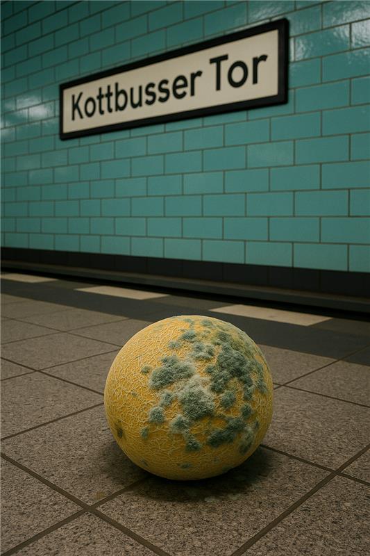 Ein Bild einer schimmligen Honigmelone auf dem Boden des U-Bahnhofs Kottbusser Tor.