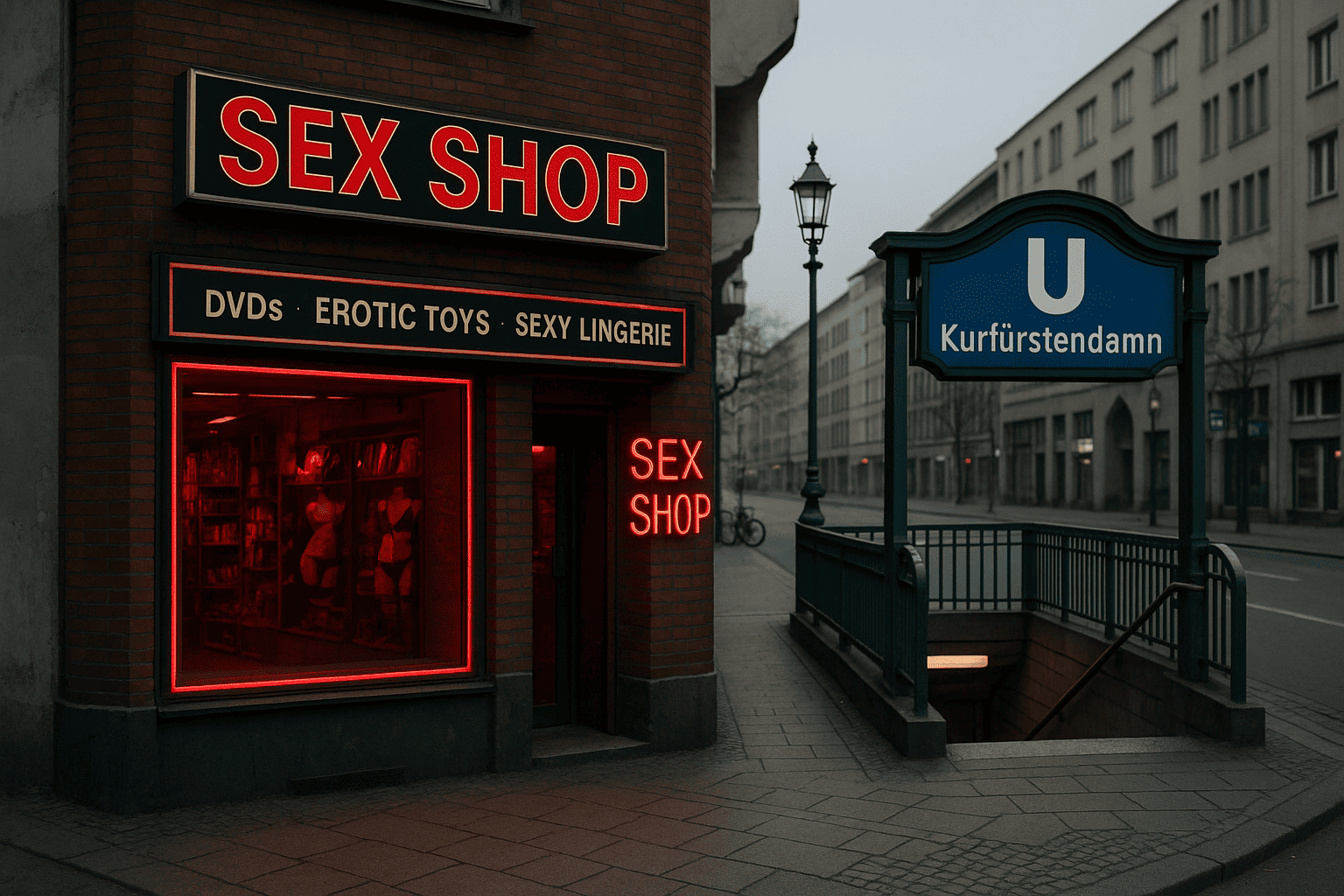 Ein Bild von einem Sex Shop neben einem Berliner U-Bahnhof Eingang.