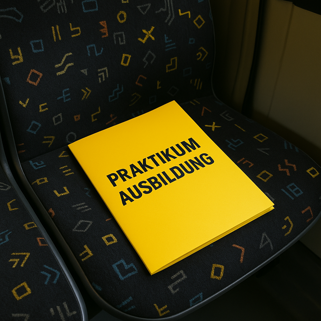 Ein Bild von einem Bussitz auf dem eine gelbe Bewerbungsmappe liegt mit Aufschrift Praktikum Ausbildung
