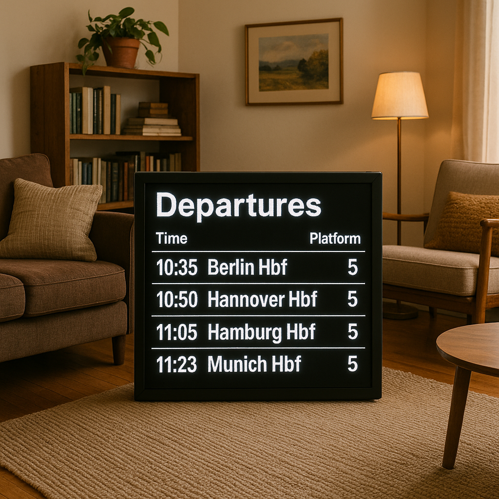 Ein Bild von einem Display der Fahrgastinformationssysteme von Bahnhöfen inmitten eines gemütlich eingerichteten Wohnzimmers.