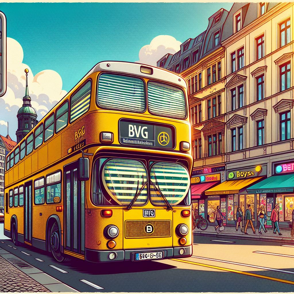 Ein-Comic-Bild-von-einem-BVG-Bus-auf-der-Strasse-mit-auffallenden-Rollos-zum-Schutz-vor-der-Sonne.