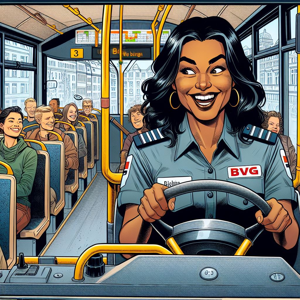 Ein-Comic-Bild-von-einer-Busfahrerin-die-am-Steuer-eines-BVG-Busses-sitzt-und-leise-singt.