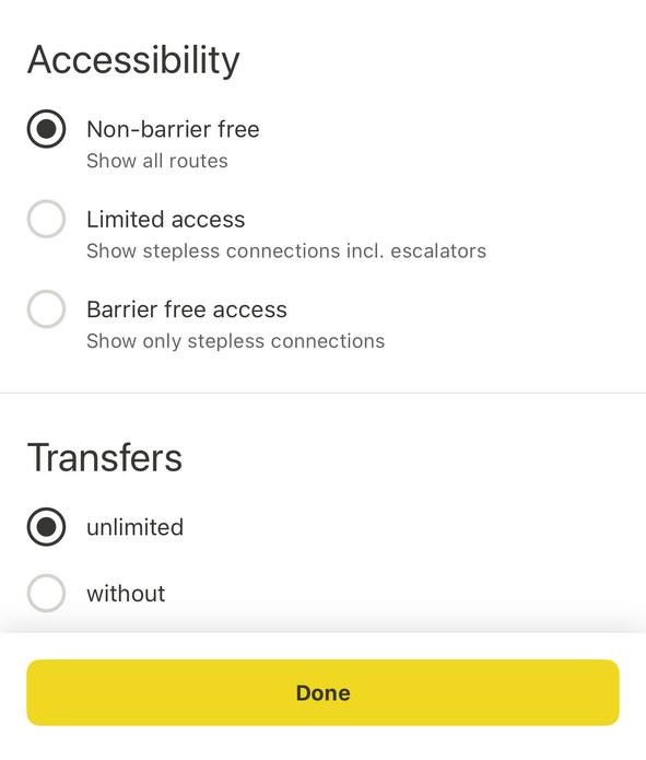 A screenshot of the accessibility options in the BVG Fahrinfo app